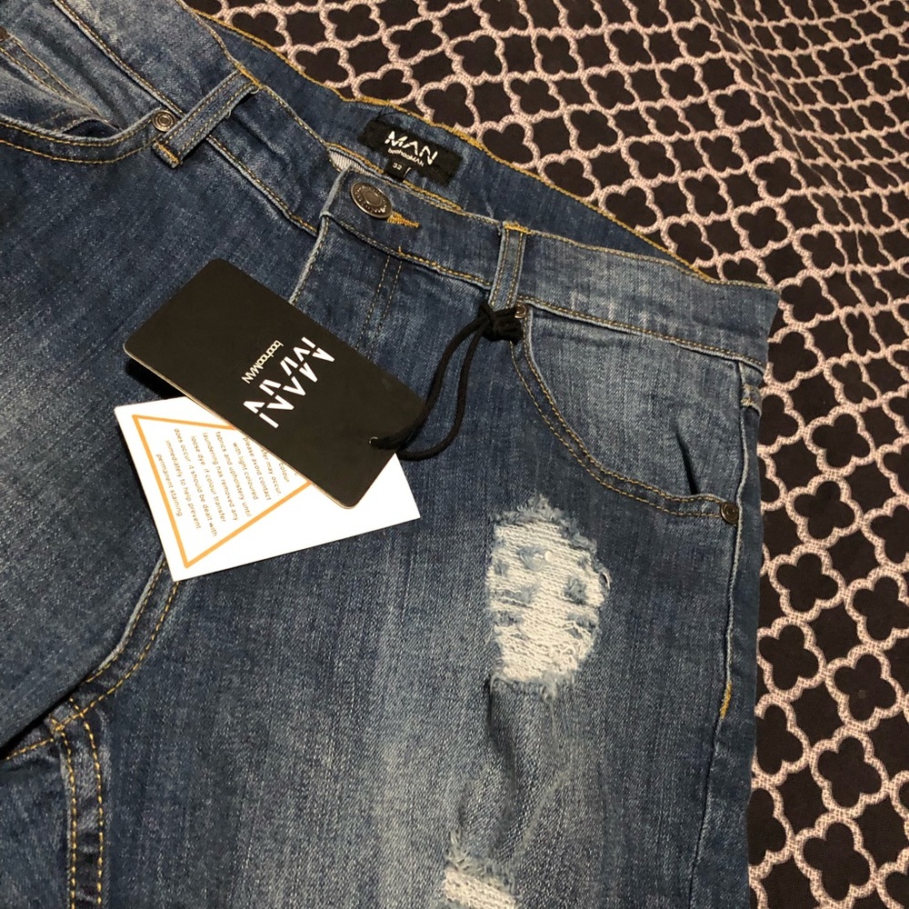 Boohoo Man Blue Skinny Slim Fit Button Fly Distressed Denim Shorts Sz 32